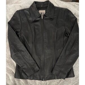 Jones New York JNY Black Genuine Leather Zip Up Jacket Womens Small 39153